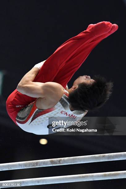 Yusuke Tanaka competes in the Parallel Bars during Japan National Gymnastics Apparatus Championships at the Takasaki Arena on June 25, 2017 in...