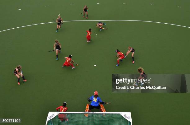 China defend a Netherland's penalty corner during the FINTRO Women's Hockey World League Semi-Final Pool A game between China and Netherlands on June...