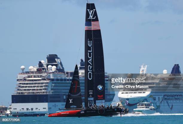 Oracle Team USA skippered by Jimmy Spithill moves into position prior to the start on day 4 of the America's Cup Match Presented by Louis Vuitton on...