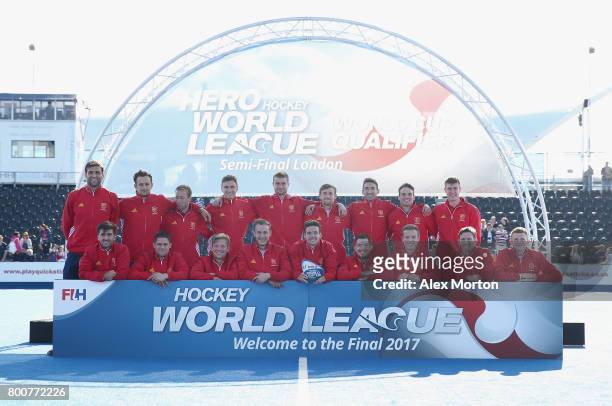 England players pose with their third place trophy after the final match between Argentina and the Netherlands on day nine of the Hero Hockey World...