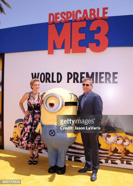 Actress Kristen Wiig and actor Steve Carell attend the premiere of "Despicable Me 3" at The Shrine Auditorium on June 24, 2017 in Los Angeles,...