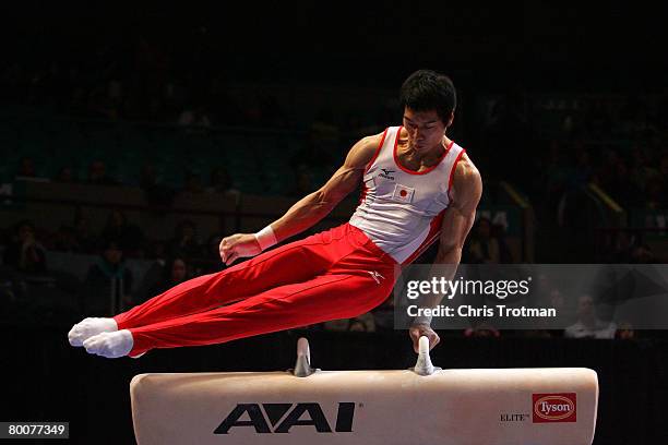 Hisashi Mizutori of Japan performs on the pommel horse during the 2008 Tyson American Cup on March 1, 2008 at Madison Square Garden in New York City.