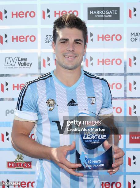 Gonzalo Peillat of Argentina poses with his Best Player trophy after the final match between Argentina and the Netherlands on day nine of the Hero...