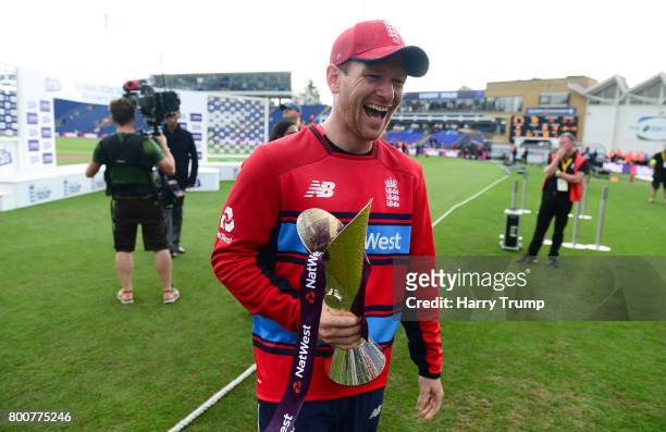Eoin Morgan of England laughs during the 3rd NatWest T20 International between England and South Africa at the SWALEC Stadium on June 25, 2017 in...