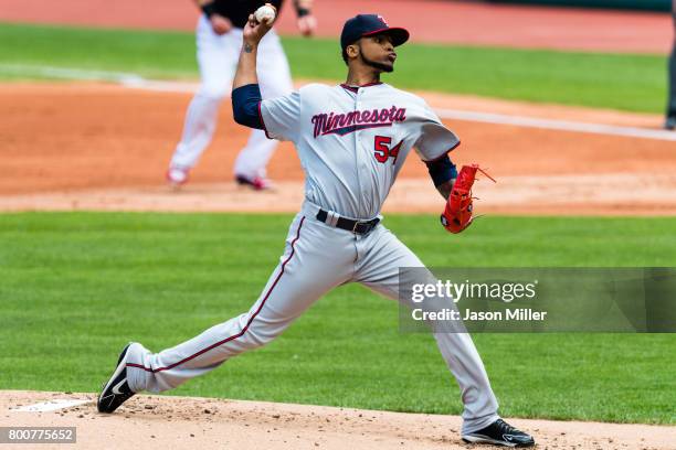 Starting pitcher Ervin Santana of the Minnesota Twins pitches during the first inning against the Cleveland Indians at Progressive Field on June 25,...