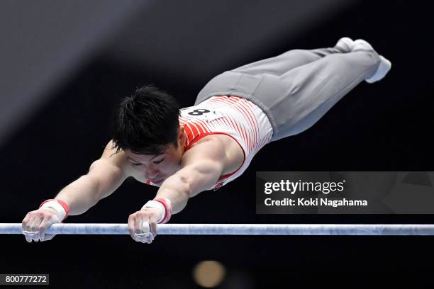 Kohei Uchimura competes in the Horizontal Bar during Japan National Gymnastics Apparatus Championships at the Takasaki Arena on June 25, 2017 in...