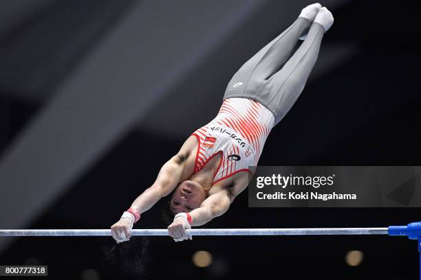 Kohei Uchimura competes in the Horizontal Bar during Japan National Gymnastics Apparatus Championships at the Takasaki Arena on June 25, 2017 in...