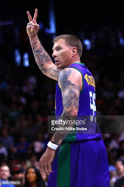 Jason Williams of the 3 Headed Monsters gestures against the Ghost Ballers during week one of the BIG3 three on three basketball league at Barclays...