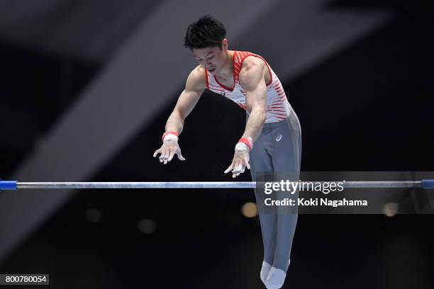 Kohei Uchimura competes in the Horizontal Bar during Japan National Gymnastics Apparatus Championships at the Takasaki Arena on June 25, 2017 in...