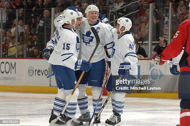 Mats Sundin of the Toronto Maple Leafs celebrates the team's first goal during a hockey game against the Washington Capitals at the Verizon Center...