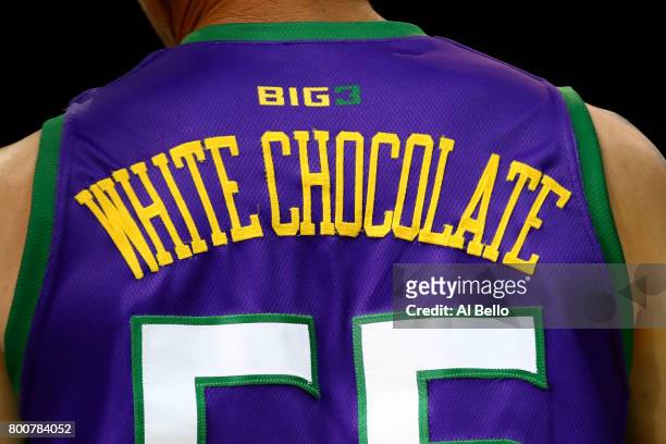 Detail view of Jason Williams of the 3 Headed Monsters jersey with "White Chocolate" on the back is seen in the game against the Ghost Ballers during...