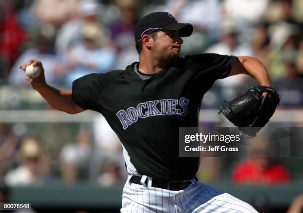 Jason Hirsh of the Colorado Rockies throws a pitch in the first inning of the spring training game against the Milwaukee Brewers at Hi Corbett Field...