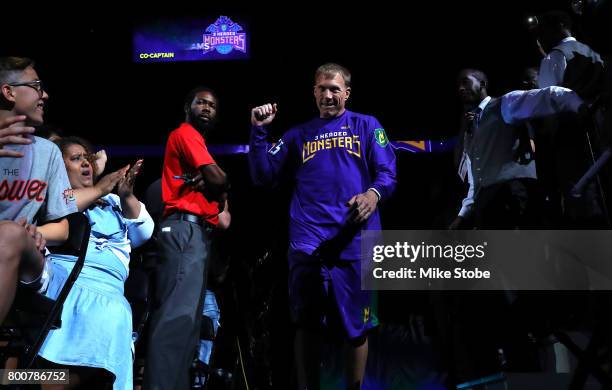 Jason Williams of the 3 Headed Monsters is introduced during week one of the BIG3 three on three basketball league at Barclays Center on June 25,...