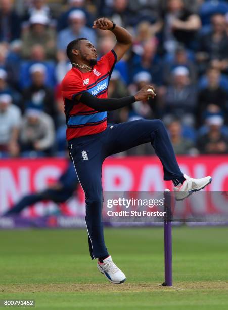 England bowler Chris Jordan in action during the 3rd NatWest T20 International between England and South Africa at SWALEC Stadium on June 25, 2017 in...