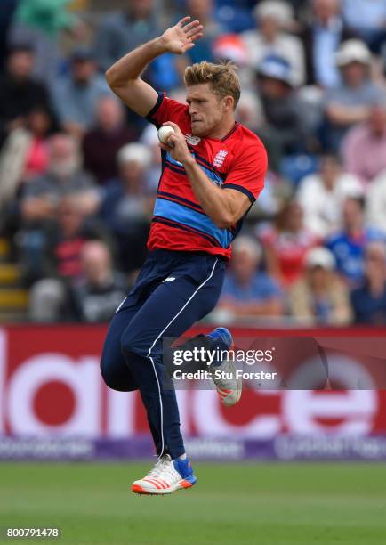 England bowler David Willey in action during the 3rd NatWest T20 International between England and South Africa at SWALEC Stadium on June 25, 2017 in...