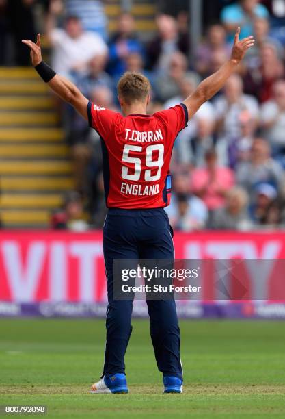 England bowler Tom Curran celebrates a wicket during the 3rd NatWest T20 International between England and South Africa at SWALEC Stadium on June 25,...