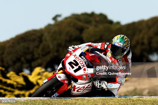 Troy Bayliss of Australia and the Ducati Xerox Team turns into a corner during Race Two of the Superbike World Championship at the Phillip Island...