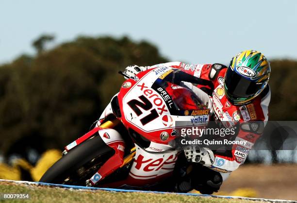 Troy Bayliss of Australia and the Ducati Xerox Team turns into a corner during Race Two of the Superbike World Championship at the Phillip Island...