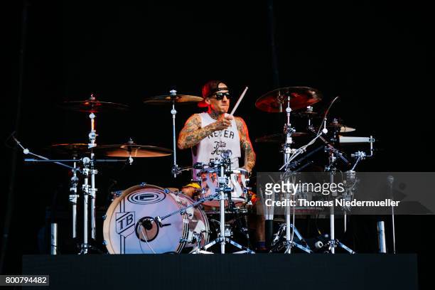 Travis Barker of Blink-182 performs during the third day of the Southside festival on June 25, 2017 in Neuhausen, Germany.