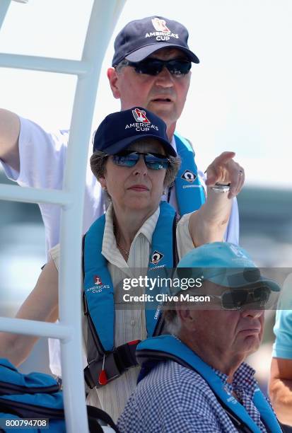 Princess Anne, Princess Royal and Timothy Laurence watchon day 4 of the America's Cup Match Presented by Louis Vuitton on June 25, 2017 in Hamilton,...