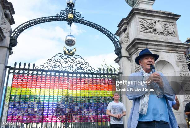 Ian McKellen unveils a rainbow coloured love locks display on West gates at the Old Royal Naval College on June 25, 2017 in Greenwich, England.The...