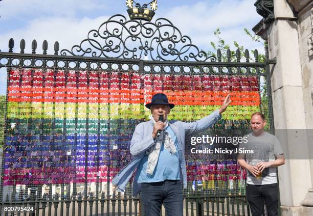 Ian McKellen unveils a rainbow coloured love locks display on West gates at the Old Royal Naval College on June 25, 2017 in Greenwich, England.The...