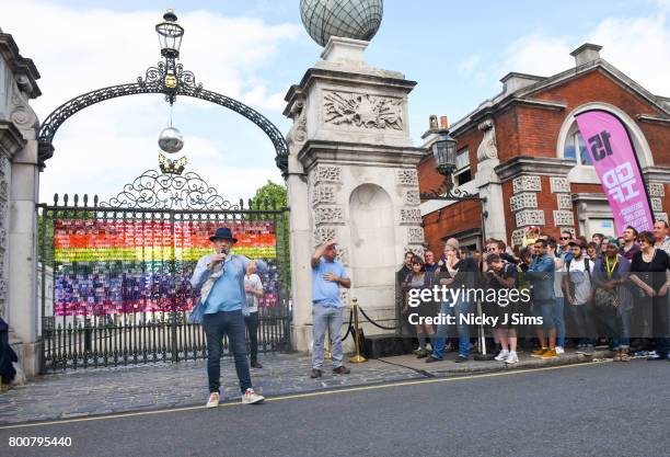 Ian McKellen unveils a rainbow coloured love locks display on West gates at the Old Royal Naval College on June 25, 2017 in Greenwich, England.The...