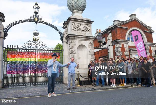 Ian McKellen unveils a rainbow coloured love locks display on West gates at the Old Royal Naval College on June 25, 2017 in Greenwich, England.The...