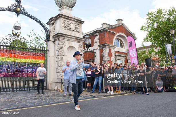 Ian McKellen unveils a rainbow coloured love locks display on West gates at the Old Royal Naval College on June 25, 2017 in Greenwich, England.The...