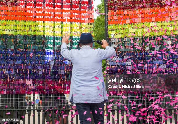 Ian McKellen unveils a rainbow coloured love locks display on West gates at the Old Royal Naval College on June 25, 2017 in Greenwich, England.The...