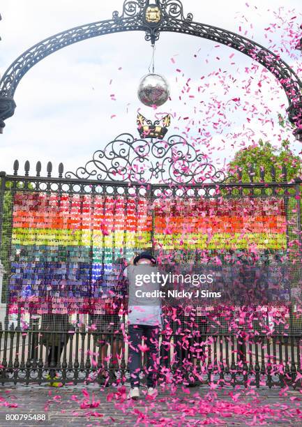 Ian McKellen unveils a rainbow coloured love locks display on West gates at the Old Royal Naval College on June 25, 2017 in Greenwich, England.The...