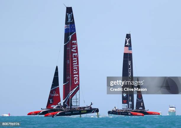 Oracle Team USA skippered by Jimmy Spithill in action racing against Emirates Team New Zealand helmed by Peter Burling on day 4 of the America's Cup...