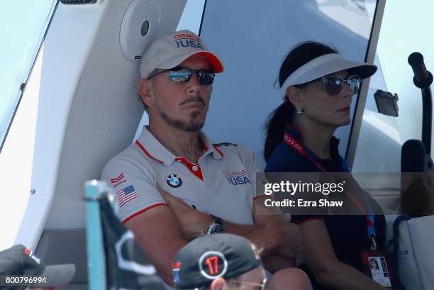 Larry Ellison, executive chairman and chief technology officer of Oracle, watches day 4 of the America's Cup Match Presented by Louis Vuitton on June...