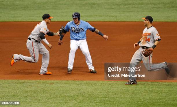 Jesus Sucre of the Tampa Bay Rays is tagged out by third baseman Manny Machado of the Baltimore Orioles as Paul Janish looks on during the sixth...