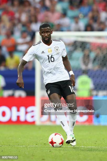 Antonio Ruediger of Germany runs with the ball during the FIFA Confederations Cup Russia 2017 Group B match between Germany and Cameroon at Fisht...