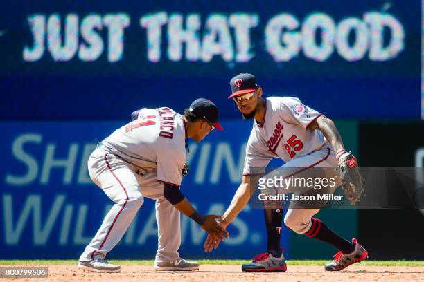 Jorge Polanco and Byron Buxton of the Minnesota Twins celebrate after the Twins defeated the Cleveland Indians at Progressive Field on June 25, 2017...