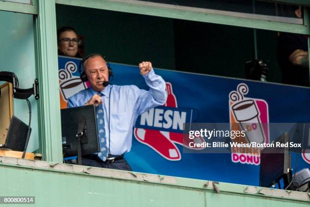 Broadcaster Jerry Remy gestures to the crowd during a game between the Boston Red Sox and the Los Angeles Angels of Anaheim on June 25, 2017 at...