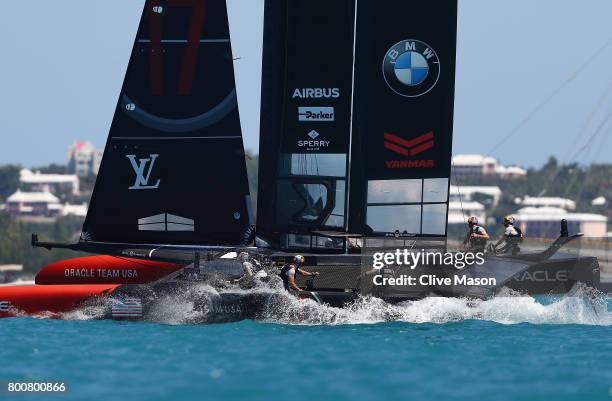 Oracle Team USA skippered by Jimmy Spithill round a mark on day 4 of the America's Cup Match Presented by Louis Vuitton on June 25, 2017 in Hamilton,...