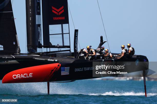 Oracle Team USA skippered by Jimmy Spithill in action on day 4 of the America's Cup Match Presented by Louis Vuitton on June 25, 2017 in Hamilton,...