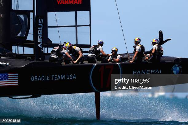 Oracle Team USA skippered by Jimmy Spithill in action on day 4 of the America's Cup Match Presented by Louis Vuitton on June 25, 2017 in Hamilton,...