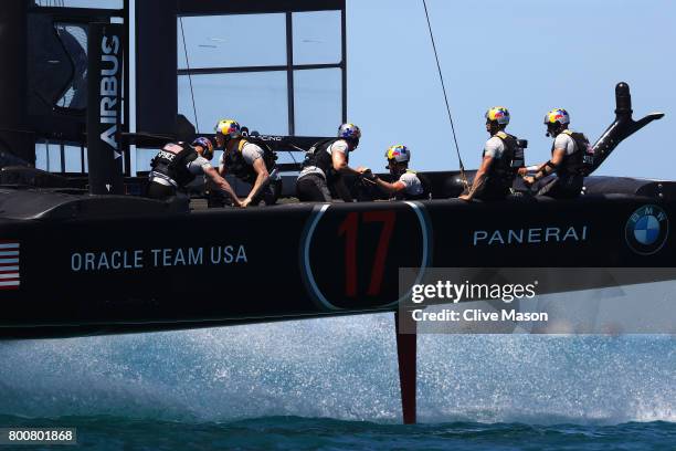 Oracle Team USA skippered by Jimmy Spithill in action on day 4 of the America's Cup Match Presented by Louis Vuitton on June 25, 2017 in Hamilton,...