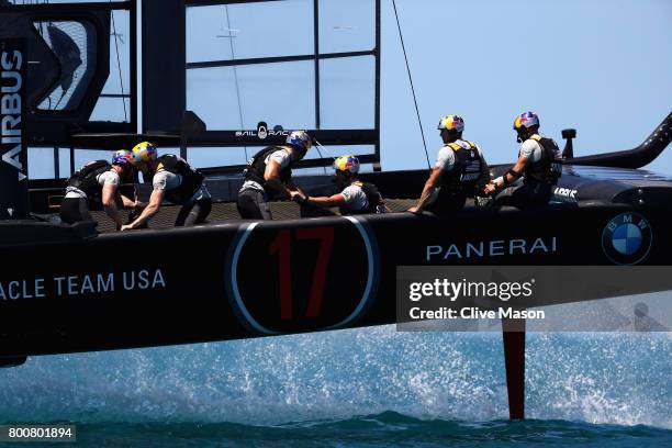 Oracle Team USA skippered by Jimmy Spithill in action on day 4 of the America's Cup Match Presented by Louis Vuitton on June 25, 2017 in Hamilton,...