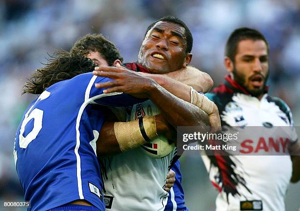 Petero Civoniceva of the Panthers takes on the Bulldogs defence during the NRL trial match between the Bulldogs and the Penrith Panthers at ANZ...