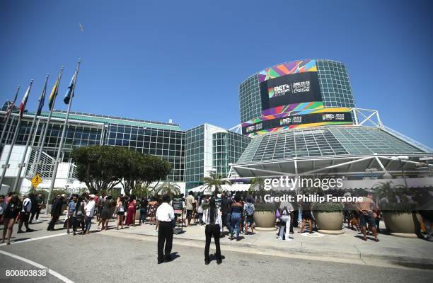 Event branding is displayed at Nickelodeon Kids Choice Sports Awards during day two of the 2017 BET Experience Fanfest at Staples Center on June 25,...