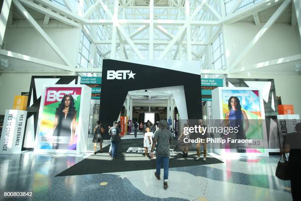 Event branding is displayed at Nickelodeon Kids Choice Sports Awards during day two of the 2017 BET Experience Fanfest at Staples Center on June 25,...