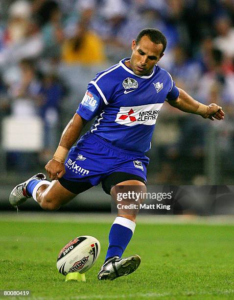 Hazem El Masri of the Bulldogs kicks a conversion during the NRL trial match between the Bulldogs and the Penrith Panthers at ANZ Stadium on March 2,...