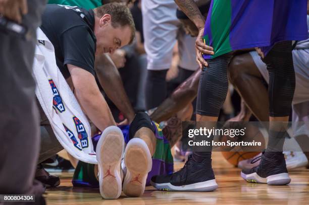 Headed Monsters player Jason Williams injures his knee during a BIG3 Basketball League game on June 25, 2017 at Barclays Center in Brooklyn, NY