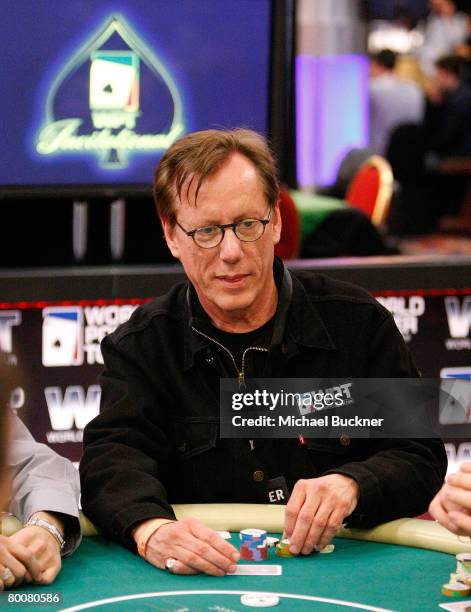 Actor James Woods plays a hand of poker at the 6th Annual World Poker Tour Invitational Kick Off at the Commerce Casino on March 1, 2008 in Las...