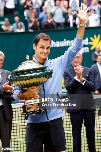 Tennis player and winner Roger Federer attend the Gerry Weber Open 2017 at Gerry Weber Stadium on June 25, 2017 in Halle, Germany.