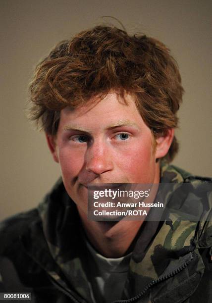 Prince Harry talks of his tour of duty in Afghanistan during a TV interview after arriving back at RAF Brize Norton on March 1, 2008 in Brize Norton,...